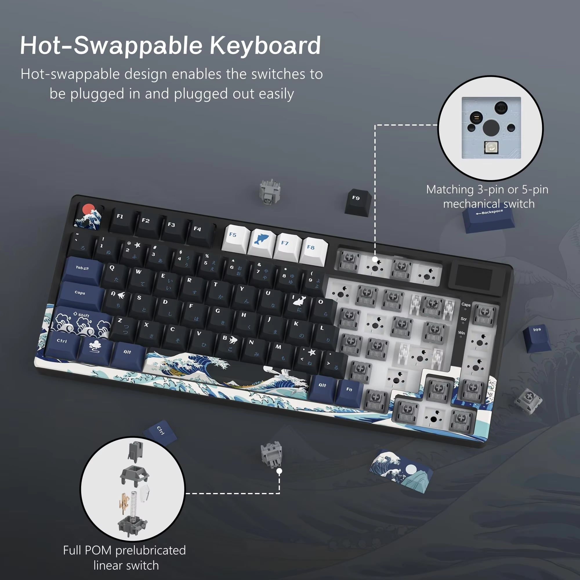 S-K80 Mechanical Gaming Keyboard - 75% Layout with Color OLED Display, Hot-Swap Capability, Gasket Mount Design, and RGB Customization