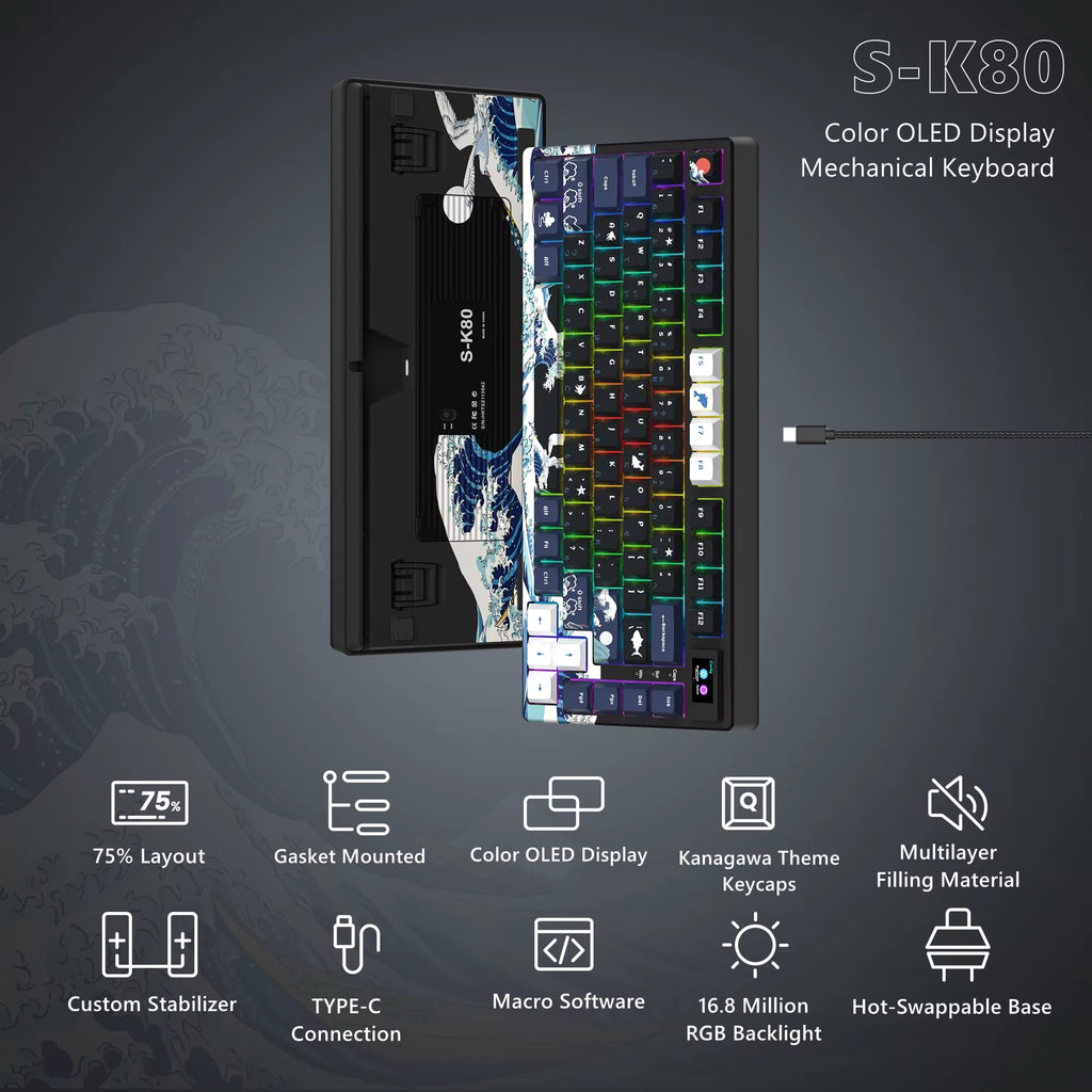 S-K80 Mechanical Gaming Keyboard - 75% Layout with Color OLED Display, Hot-Swap Capability, Gasket Mount Design, and RGB Customization