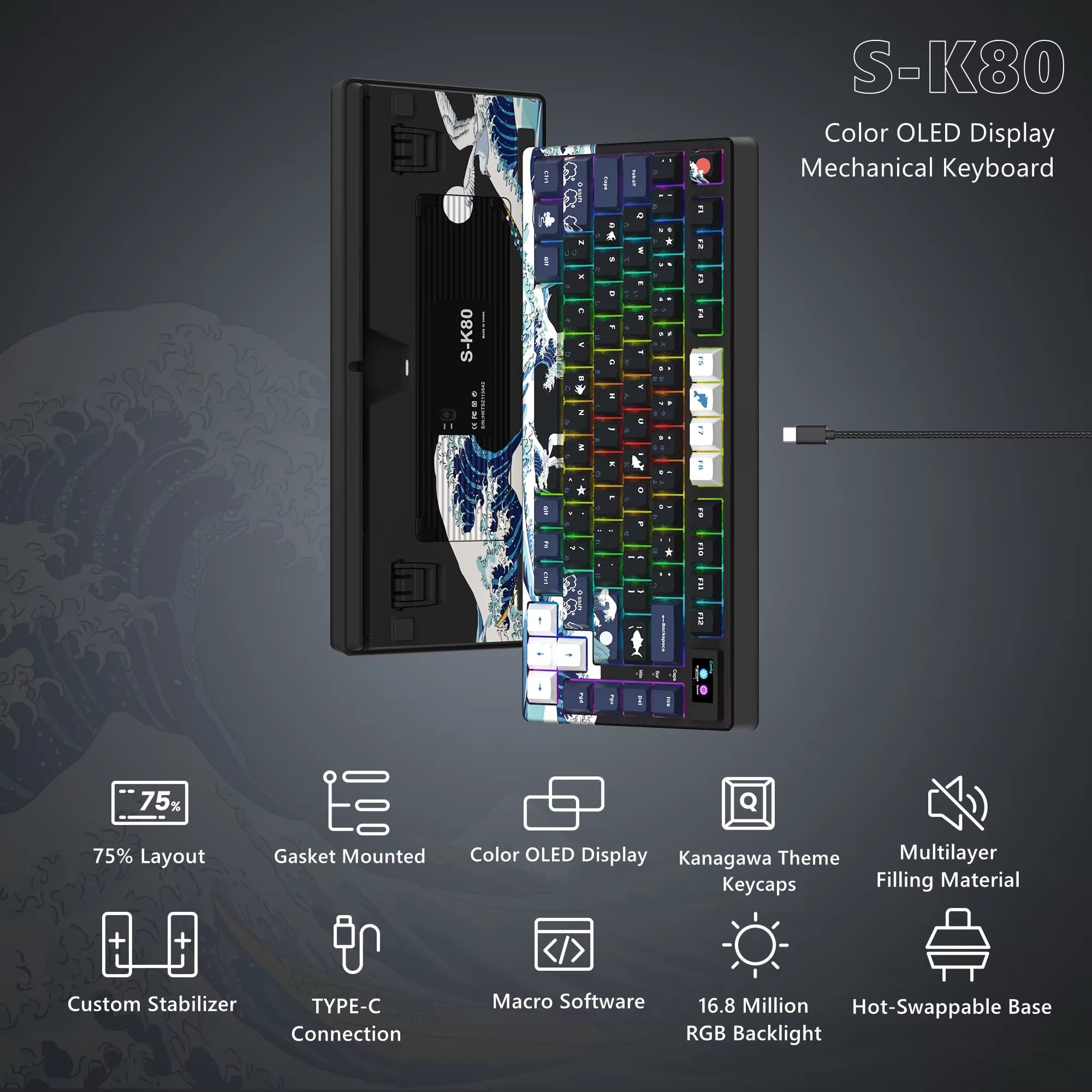 S-K80 Mechanical Gaming Keyboard - 75% Layout with Color OLED Display, Hot-Swap Capability, Gasket Mount Design, and RGB Customization