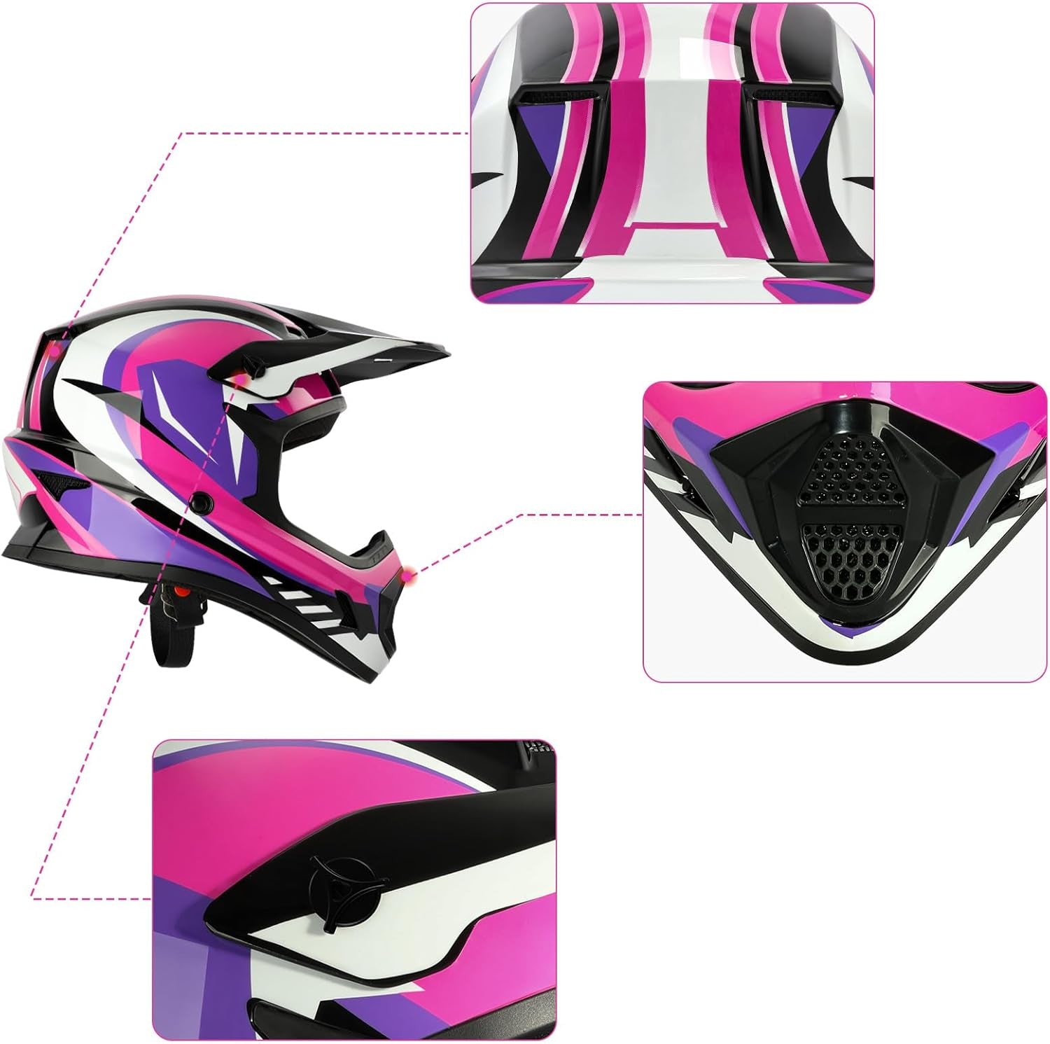 Dot Youth & Kids Motocross Offroad Street Helmet Full Face Motorcycle Youth ATV Helmet Dirt Bike Motocross ATV Helmet+Gloves+Goggles Rose Red-S
